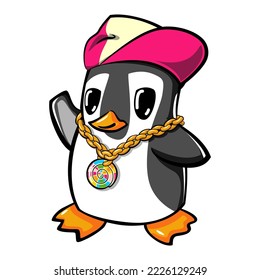 vector mascot character a penguin with pink hat and wearing a hip-hop style gold chain necklace