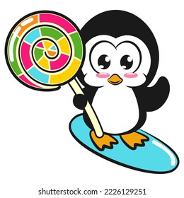 vector mascot character a penguin surfing holding candy