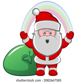 vector mascot character, santa claus making a rainbow with his hands next to his christmas gift bag