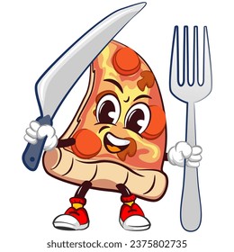 vector mascot character of a slice of pizza carrying a knife and fork