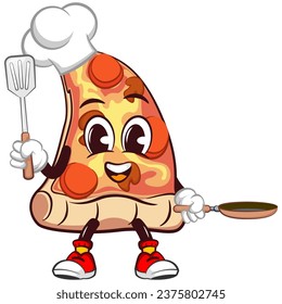 vector mascot character of a slice of pizza in a chef's hat carrying a spatula and frying pan