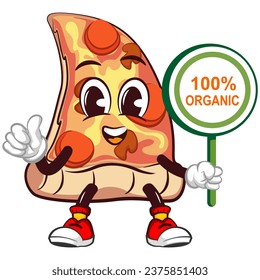 vector mascot character of a slice of pizza holding a business sign that says 100 percent organic with a thumbs up
