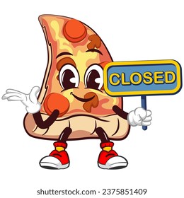 vector mascot character of a slice of pizza holding a business sign that says closed