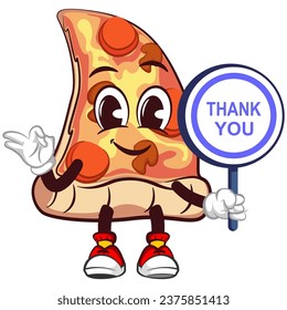 vector mascot character of a slice of pizza holding a business sign that says thank you and giving an okay sign
