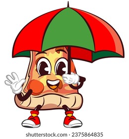 personaje de mascota vectorial de una rebanada de pizza con paraguas