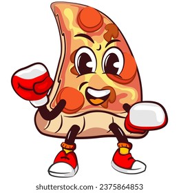 vector mascot character of a slice of pizza practicing boxing by wearing boxing gloves