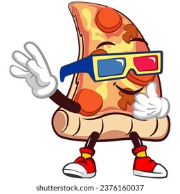 vector mascot character of a slice of pizza wearing 3-dimensional glasses to see 3-dimensional cinema