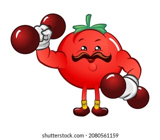 vector mascot character of a strong cute tomato practicing lifting a barbell