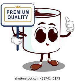 vector mascot of a characters from a cute mug carrying a sign that says premium quality with a thumbs up