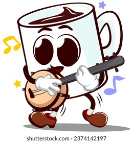 vector mascot of a characters from cute mugs playing the banjo musical instrument cheerfully