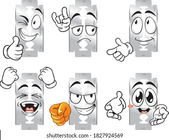 Vector mascot facial expression and razor in different positions. Perfect for use in print as a print on posters, mugs, T-shirts, banners, leaflets and more.