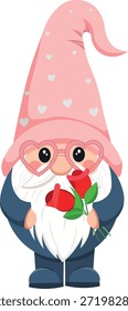 Vektormaskottchen mit einem langköpfigen weiblichen Zwerg, der einen Strauß roter Blüten hält. Professionelle Illustration mit rosafarbener und blauer Farbpalette, ideal für florales Grafikdesign, saisonale Frühlingsmarketingmaterialien und romantisches Event-Briefpapier.
