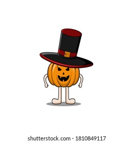 vector mascot halloween pumpkin magician character wearing black hat with a red ribbon on the head of a pumpkin. Vector illustration on a white background.
