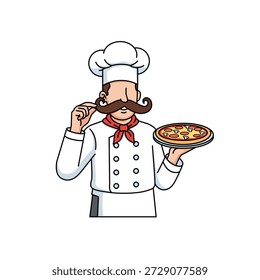 Mascota de Vector de Chef Pizza Feliz con Bigote y Gesto de Mano. Esta obra de arte lúdica e icónica es ideal para la marca de pizza, mascotas de restaurantes, Mercancía culinaria y logotipos con temas alimentarios.