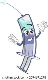 vector mascot illustration of a cheerful injecting medical greeting to protect