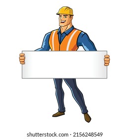 vector mascot illustration of construction worker superhero with board