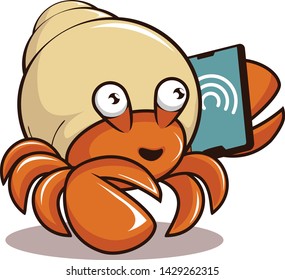 vector mascot illustration the crab is receiving his friend's call