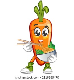 vector mascot illustration of cute carrot eating noodles in a bowl with chopsticks