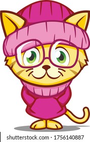 vector mascot illustration cute cat with glasses wearing a pink winter jacket suit
