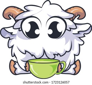 vector mascot and illustration cute goat drinking green tea