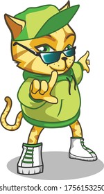 vector mascot illustration cute hip hop kitty wearing a green hoody jacket