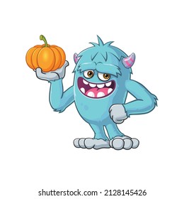 vector mascot illustration of a cute monster with a pumpkin