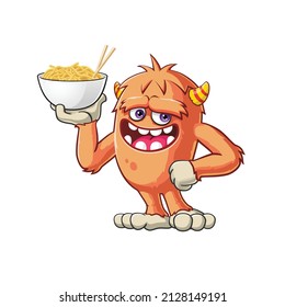 vector mascot illustration of cute monster with bowl of noodles