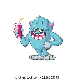 vector mascot illustration of cute monster with drink