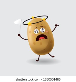 Vector mascot illustration cute potato is KO and raising a white flag in isolated white background