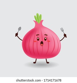 Vector mascot illustration happy cute onion. holding a spoon and a fork and say let's eat in isolated background