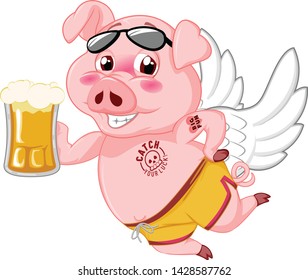 vector mascot and illustration happy flying stlylis pig with beer