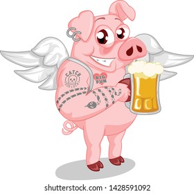 vector mascot illustration happy pig with wing and beer