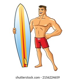 vector mascot illustration of a lifeguard with a surfboard