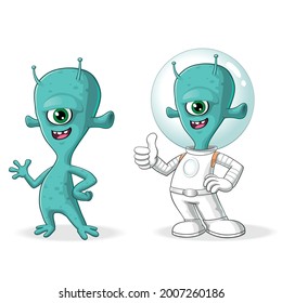 vector mascot illustration of a little one eyed Alien in a space suit and giving a thumbs up