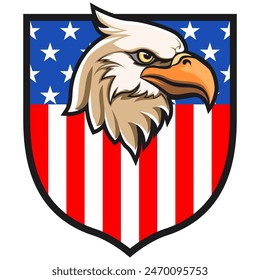 vector mascot illustration a shield with an American flag motif and a majestic eagle's head, work of hand drawn