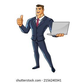 vector mascot illustration of superhero businessman with laptop