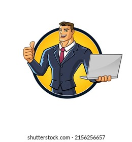 Vector Mascot Illustration Of Superhero Businessman Carrying Laptop With Emblem