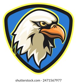 ilustración de la mascota de Vector de las cabezas de águila audaz americana resistente en un emblema de triángulo redondeado azul, trabajo de mano dibujado