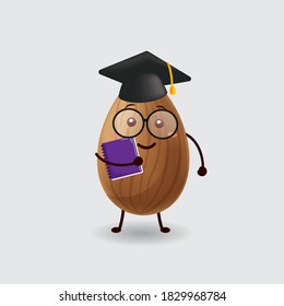 Vector mascot illustration_cute almond wearing glasses and holding book with hat_in isolated background