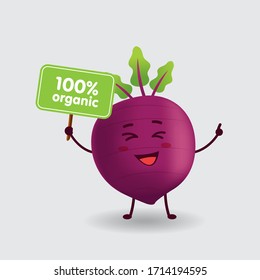 Vector mascot illustration_cute beetroot holding sign board and say 100% organic_in isolated background