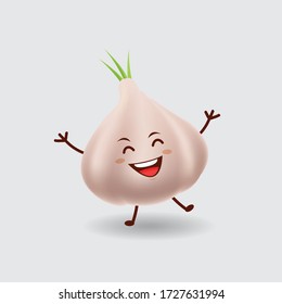 Vector mascot illustration_cute garlic dancing and feeling happiness_in isolated background