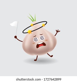 Vector mascot illustration_cute garlic is KO and raising a white flag_in isolated white background