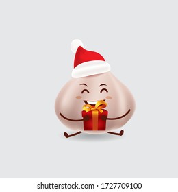 Vector mascot illustration_cute garlic with red cap receiving a Christmas gift box_in isolated background
