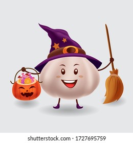 Vector mascot illustration_cute garlic wearing witch costume holding candy and broom to celebrate Halloween party_in isolated background
