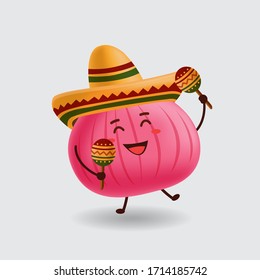 Vektorillustration mascot illustration_cute Zwiebel tanzen und halten maracas_in isoliertem Hintergrund