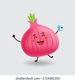 Ilustración de mascota vectorial_cebolla linda beber agua de vidrio_en fondo aislado