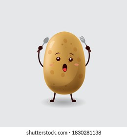 Vector mascot illustration_cute potato_holding a spoon and a fork and say let's eat_in isolated background