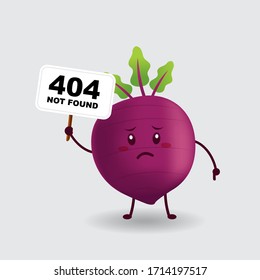 Vector mascot illustration_cute sad beetroot holding sign board and say 404 not found_in isolated background
