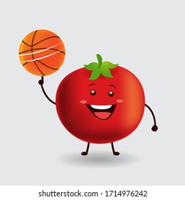 Vector mascot illustration_cute tomato playing a basketball_in isolated background