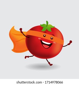 Vector mascot illustration_cute tomato running happily and wearing superhero costume_in isolated background